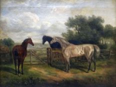 THOMAS SMYTHE oil on canvas - study of three standing horses by a gate, (in a gilded frame with