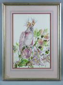 KATHERINE ROLFE pen and watercolour - study of a parakeet perched on a leafy branch amongst