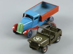 TWO VINTAGE TINPLATE VEHICLES including a clockwork truck in blue, red and green livery, 16.5 cms