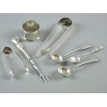 A SELECTION OF SMALL SILVER to include a napkin ring, three spoons, a small table fork and two pairs