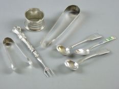 A SELECTION OF SMALL SILVER to include a napkin ring, three spoons, a small table fork and two pairs