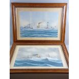 SIS DEVIAN a pair of oak framed watercolour studies - port and starboard views of a single funnel
