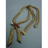 A NINE CARAT GOLD TRIPLE STRAND WOVEN STYLE NECKLACE with a shaped pendant having a row of five