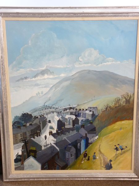 NICK HOLLY acrylic on canvas - South Wales townscape with children playing on a back hillside,