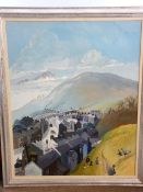 NICK HOLLY acrylic on canvas - South Wales townscape with children playing on a back hillside,