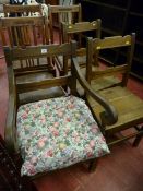 THREE ANTIQUE OAK FARMHOUSE CHAIRS along with three high back vintage oak chairs