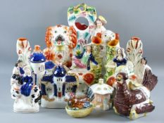 A COLLECTION OF STAFFORDSHIRE POTTERY to include flatback figures, comforter dogs and hen on nest