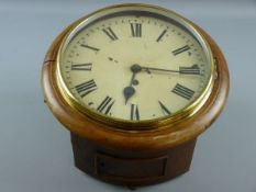 A 19th CENTURY SINGLE FUSEE WALL CLOCK having a 25 cms diameter dial set with Roman numerals in a