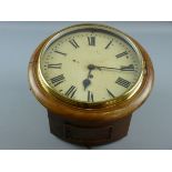 A 19th CENTURY SINGLE FUSEE WALL CLOCK having a 25 cms diameter dial set with Roman numerals in a