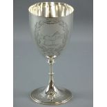 A HALLMARKED SILVER CHALICE with bead decorated stem collars and foot edge, twin laurel leaf