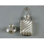 A SMALL HALLMARKED SILVER FLASK & BELL ORNAMENT, Birmingham 1890 and 1921 respectively, the flask