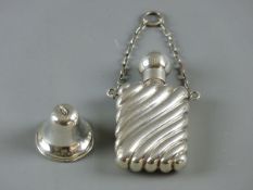 A SMALL HALLMARKED SILVER FLASK & BELL ORNAMENT, Birmingham 1890 and 1921 respectively, the flask