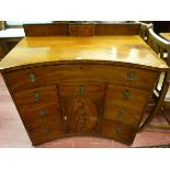 A LATE 19th CENTURY SHERATON STYLE SIDEBOARD, mahogany cross banded and satin wood inlaid of concave