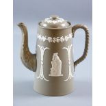 A DUDSON POTTERY TEAPOT/COFFEEPOT, the 25 cms tall pot with applied cameo style decoration, rope