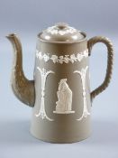 A DUDSON POTTERY TEAPOT/COFFEEPOT, the 25 cms tall pot with applied cameo style decoration, rope