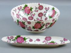 A SHELLEY/LATE FOLEY POTTERY BOWL & DISH, a 30.5 cms diameter ribbed bowl, transfer decorated with