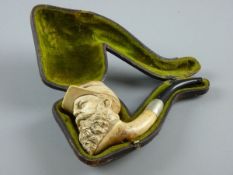 A 19th CENTURY CARVED MEERSCHAUM PIPE in a fitted case depicting a bearded man wearing a Confederate