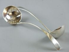 A PAIR OF STYLISH SLIM LADLES, white metal stamped 'I L' and 'A B D', 1.3 ozs, no other visible