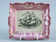 A SUNDERLAND LUSTRE PLAQUE, 19th Century with fully masted ship to the centre, 20 x 22 cms