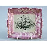 A SUNDERLAND LUSTRE PLAQUE, 19th Century with fully masted ship to the centre, 20 x 22 cms