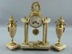 A 19th CENTURY FRENCH CLOCK GARNITURE, gilt brass barrel housing with floral decorated enamel dial