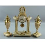 A 19th CENTURY FRENCH CLOCK GARNITURE, gilt brass barrel housing with floral decorated enamel dial