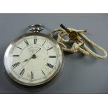 A SILVER ENCASED POCKET CHRONOGRAPH, centre second keywind, Chester 1893, having a white enamel dial