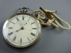 A SILVER ENCASED POCKET CHRONOGRAPH, centre second keywind, Chester 1893, having a white enamel dial