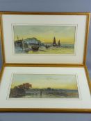 F WATSON two watercolours - distant view of a sunset sky with farmstead and farmer with sheep to the