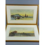 F WATSON two watercolours - distant view of a sunset sky with farmstead and farmer with sheep to the