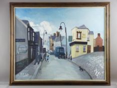 NICK HOLLY acrylic on canvas - street scene with figures crossing the road and 'The Pandy Pub',