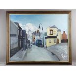 NICK HOLLY acrylic on canvas - street scene with figures crossing the road and 'The Pandy Pub',