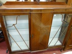 A MAHOGANY DISPLAY CABINET circa 1910, the railback top with carved shell adornment, central