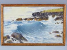 WARREN WILLIAMS ARCA watercolour - a rocky cliff with crashing waves and gulls, signed lower