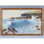 WARREN WILLIAMS ARCA watercolour - a rocky cliff with crashing waves and gulls, signed lower