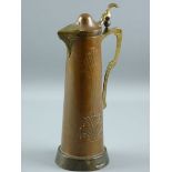 AN ART NOUVEAU CLARET JUG, tall cylindrical body with embossed decoration and with domed lid,