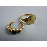 A NINE CARAT GOLD SIGNET RING, 3 grms and a nine carat gold earring from a pair, 1 grm