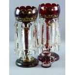 A PAIR OF RUBY GLASS DROP LUSTRES circa 1880 with shaped top bowls and gilt decoration, each