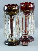 A PAIR OF RUBY GLASS DROP LUSTRES circa 1880 with shaped top bowls and gilt decoration, each