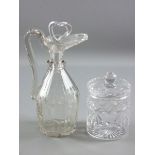 TWO 19th CENTURY & LATER CUT GLASS ITEMS including a facet cut claret jug with later stopper, 28.5