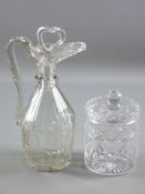 TWO 19th CENTURY & LATER CUT GLASS ITEMS including a facet cut claret jug with later stopper, 28.5