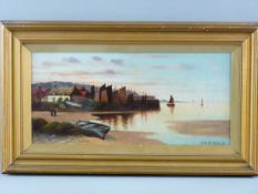 A W BRIGGS oil on board - sunset coastal scene with moored boats and cottages and two figures