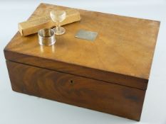 A VICTORIAN MAHOGANY LIDDED BOX with lift-out interior compartmented tray, Chester hallmarked silver