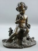 A BRONZE FIGURE OF A PUTTO, the childlike figure seated on a floral crop holding a bird in one