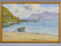 WARREN WILLIAMS ARCA watercolour - Nefyn Bay and Porthdinllaen Harbour and The Rivals, with boats