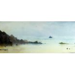 GARETH THOMAS watercolour - beach scene with vessel off-shore, entitled verso ‘Boat, Rain,