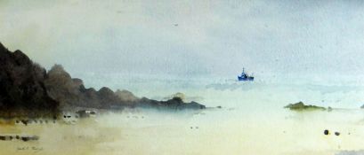 GARETH THOMAS watercolour - beach scene with vessel off-shore, entitled verso ‘Boat, Rain,