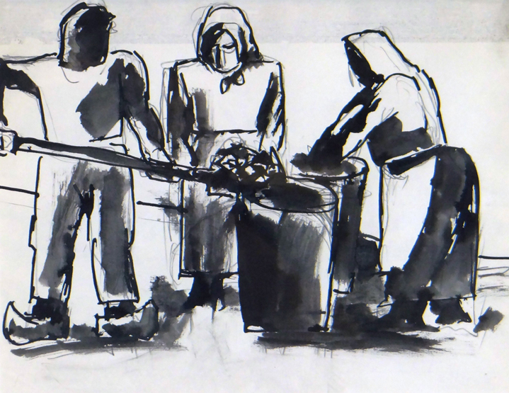 JOSEF HERMAN colourwash - three working peasant figures, entitled verso ‘Harvesting the Grapes’,