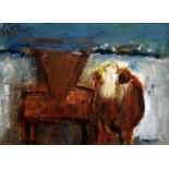 WILL ROBERTS oil on canvas - cattle feeding, entitled and signed verso and dated 1974 ‘Winter Feed’,