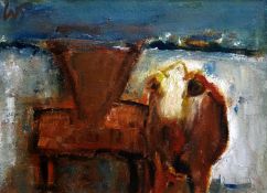 WILL ROBERTS oil on canvas - cattle feeding, entitled and signed verso and dated 1974 ‘Winter Feed’,
